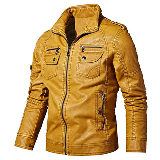 Buy yellow Men&#39;s Leather Jackets Winter Fleece Casual Motorcycle Jacket Biker Leather Coats European Windbreaker Genuine Leather Jacket