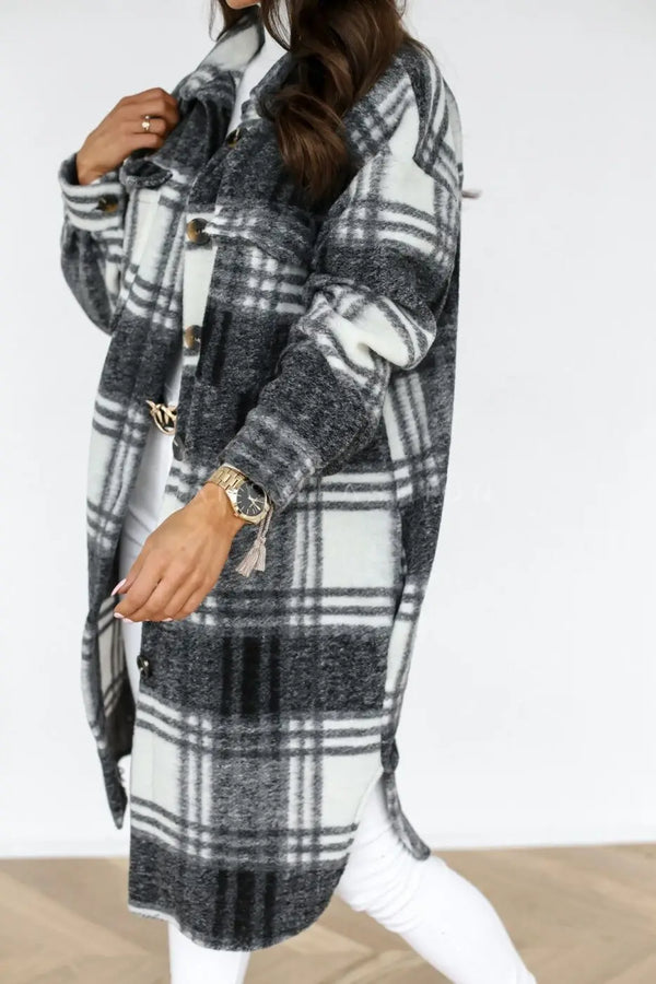 Winter Checked Jackets Coats Women Fashion Casual Oversized Turn Down Collar Long Outwear Thick Warm Woolen Blends Overcoats