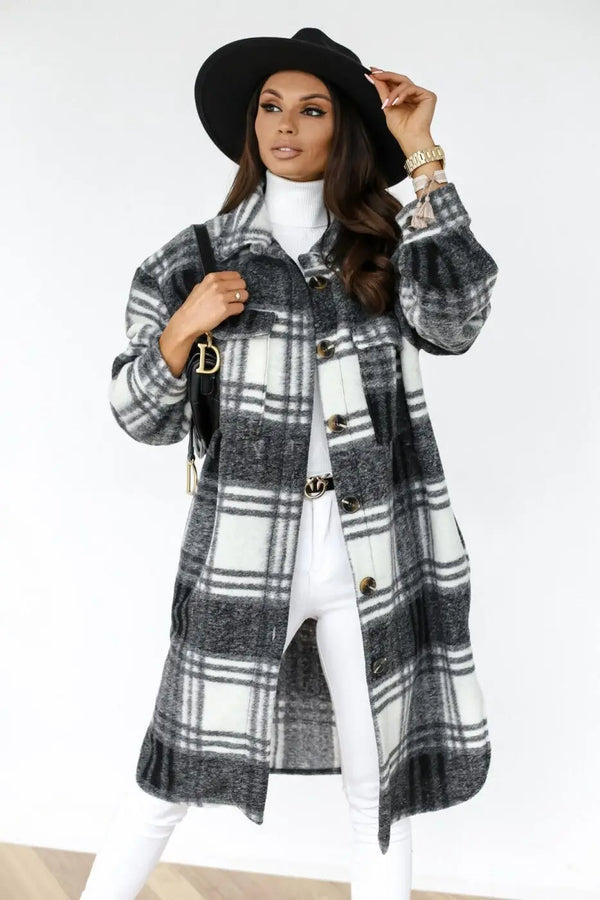 Winter Checked Jackets Coats Women Fashion Casual Oversized Turn Down Collar Long Outwear Thick Warm Woolen Blends Overcoats