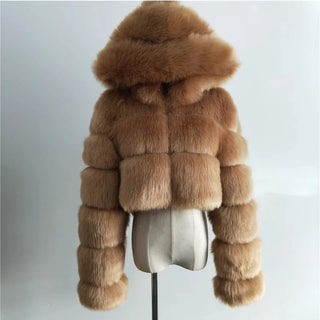 Buy brown High Quality Furry Cropped Faux Fur Coats and Jackets Women Fluffy Top Coat With Hooded Winter Fur Jacket Manteau Femme