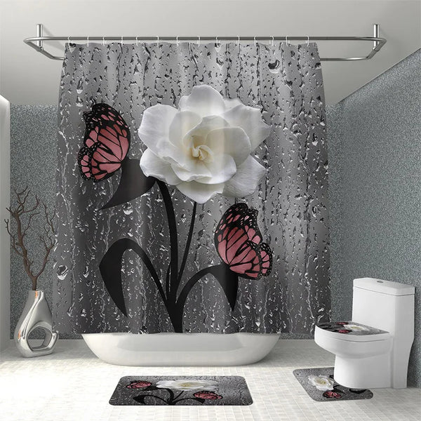 Rose Flower Bathroom Curtain With 12 Hooks