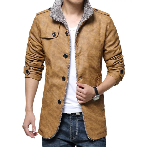 2024 Winter Warm Faux Leather Jacket Men Solid Long Sleeve PU Leather Coat Stand Collar Thick Slim Fit Men Jacket Trench Coats