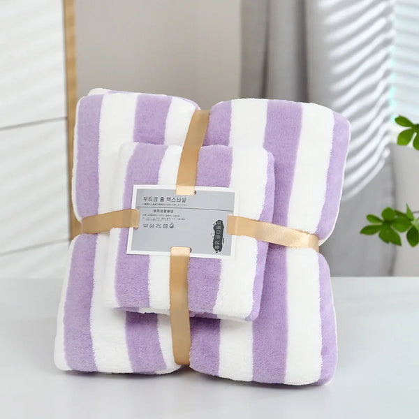 1 Set Striped Towel Bath Towel Household Coral Velvet Baby Bath Towel Soft Thickened Plush Children's Absorbent Bath Towel