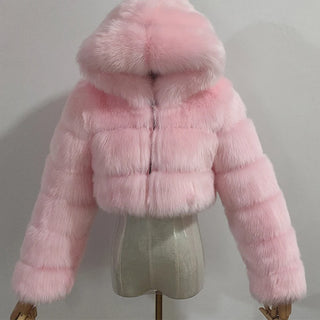 Buy light-pink High Quality Furry Cropped Faux Fur Coats and Jackets Women Fluffy Top Coat With Hooded Winter Fur Jacket Manteau Femme