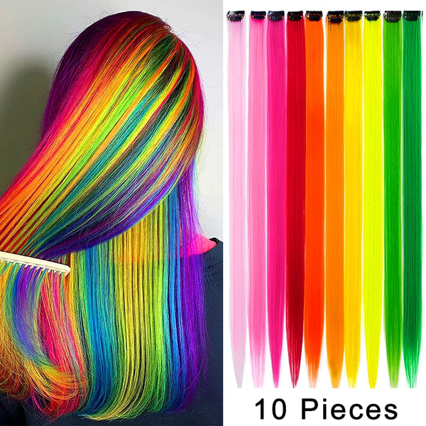 10Packs Straight Colored Clip in Hair One Piece Long Synthetic Rainbow 22 Inch Party Highlights Extensions for Women Kids Girls