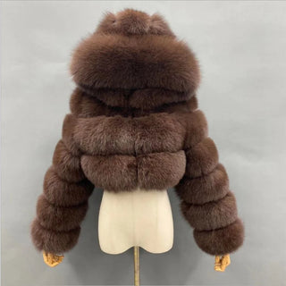 Buy coffee High Quality Furry Cropped Faux Fur Coats and Jackets Women Fluffy Top Coat With Hooded Winter Fur Jacket Manteau Femme