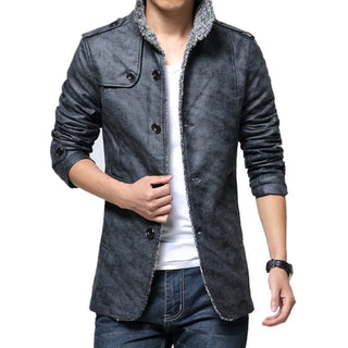 Buy grey 2023 Winter Warm Faux Leather Jacket Men Solid Long Sleeve PU Leather Coat Stand Collar Thick Slim Fit Men Jacket Trench Coats