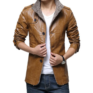 Buy khaki 2024 Winter Warm Faux Leather Jacket Men Solid Long Sleeve PU Leather Coat Stand Collar Thick Slim Fit Men Jacket Trench Coats