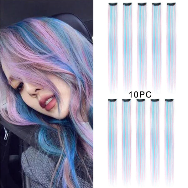 10Packs Straight Colored Clip in Hair One Piece Long Synthetic Rainbow 22 Inch Party Highlights Extensions for Women Kids Girls