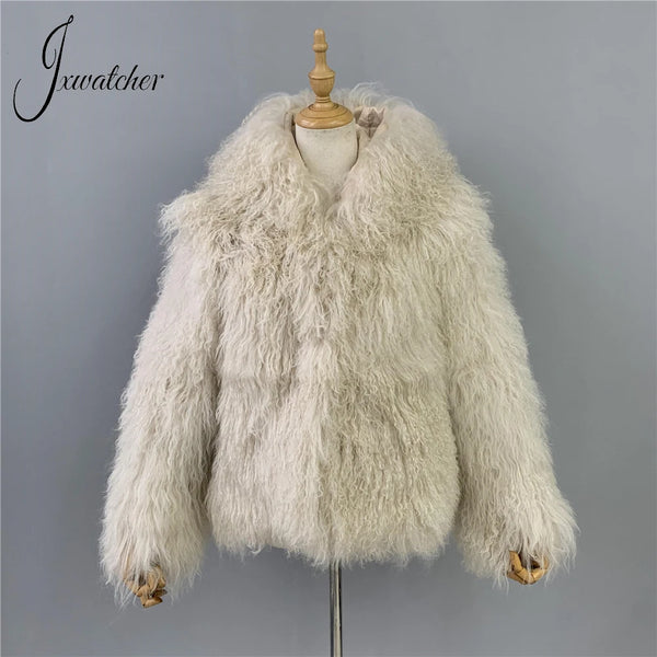 Jxwatcher Winter Coat for Women Real Mongolian Sheep Fur Coats With Hood Fashion Thick Warm Jacket Ladies Fall Natural Fur Coat