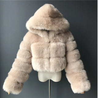 Buy beige-camel High Quality Furry Cropped Faux Fur Coats and Jackets Women Fluffy Top Coat With Hooded Winter Fur Jacket Manteau Femme