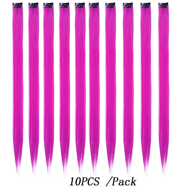 10Packs Straight Colored Clip in Hair One Piece Long Synthetic Rainbow 22 Inch Party Highlights Extensions for Women Kids Girls