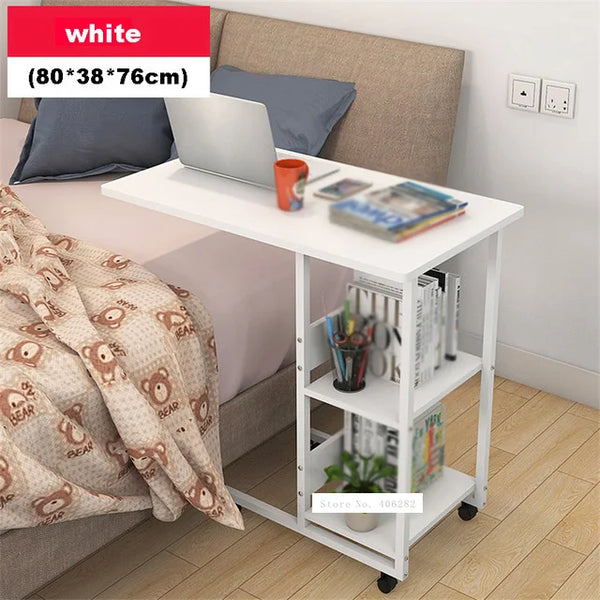 Pressboard Steel Frame Side Table Simple Lazy Movable Notebook Computer Table Small 2-Layer Mobile Laptop Desk With Pulley