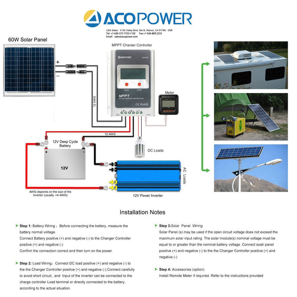 ACOPOWER 60W 12V Solar Charger Kit, 5A Charge Controller With Alligator Clips