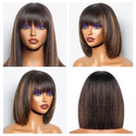 Brown Highlight Put on and Go Straight Short Bob Wigs With Bangs