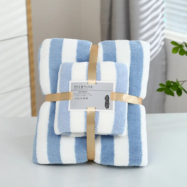 1 Set Striped Towel Bath Towel Household Coral Velvet Baby Bath Towel Soft Thickened Plush Children's Absorbent Bath Towel