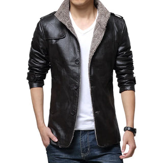 Buy black 2023 Winter Warm Faux Leather Jacket Men Solid Long Sleeve PU Leather Coat Stand Collar Thick Slim Fit Men Jacket Trench Coats