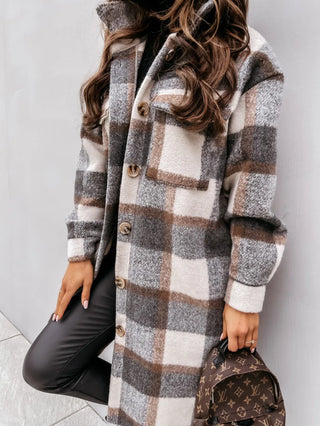 Buy gray Winter Checked Jackets Coats Women Fashion Casual Oversized Turn Down Collar Long Outwear Thick Warm Woolen Blends Overcoats