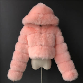 Buy pink High Quality Furry Cropped Faux Fur Coats and Jackets Women Fluffy Top Coat With Hooded Winter Fur Jacket Manteau Femme