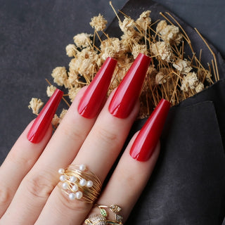 Buy uv-red Extra Nude Long Coffin Fake Nail Rhinestone Luxury Coffin AB Rhinestone Holographic False Nails Coffee