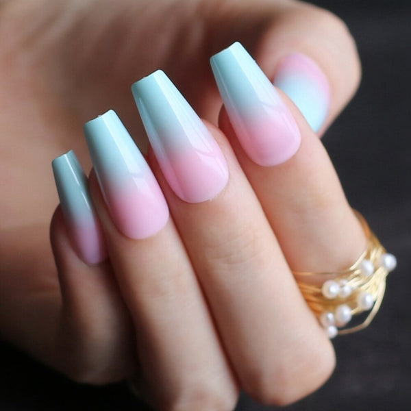 Long Pink Blue Ombre Coffin French Shiny Fake Nails Summer Lovely Salon Glossy Ballet Nails False Nail Medium Art