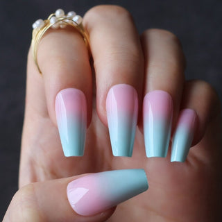 Buy s-110 Long Pink Blue Ombre Coffin French Shiny Fake Nails Summer Lovely Salon Glossy Ballet Nails False Nail Medium Art