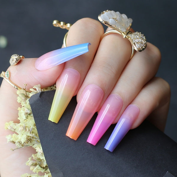 Extra Nude Long Coffin Fake Nail Rhinestone Luxury Coffin AB Rhinestone Holographic False Nails Coffee