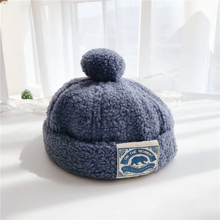 Buy blue Japanese-Style Pure Color Children&#39;s  Label Plush Ball Melon Cap Chinese Landlord Hat Fashion Children&#39;s Baby Flannel Warm Hat