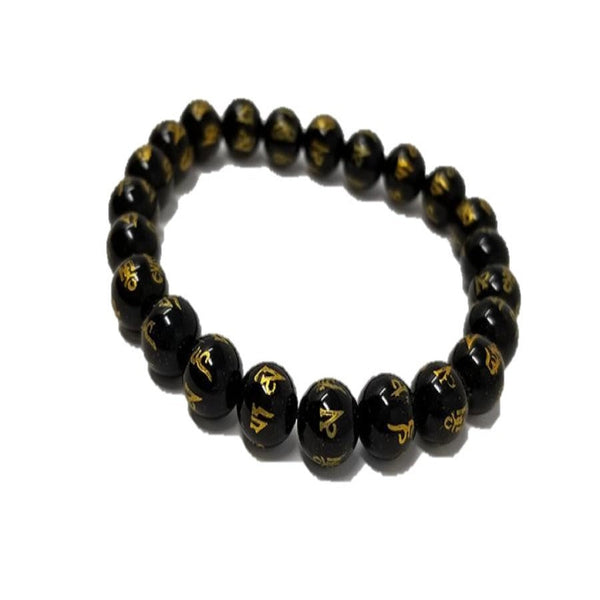 OM Mani Padme Hum Gold Tone Engraved on Black Onyx Bracelet