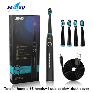 Buy 958-black-5head Seago Sonic Electric Toothbrush Tooth Brush USB Rechargeable Adult Waterproof Ultrasonic Automatic 5 Mode With Travel Case