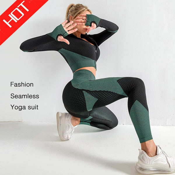 Women's Seamless Yoga Set Summer Long-Sleeved T-Shirt Yoga Clothing Sports Fitness Bra Elastic Running Training Yoga Pants