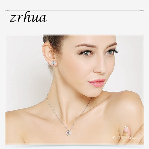 ZRHUA Original 925 Sterling Silver Jewelry Sets Stylish Pendant Necklace Earrings Set for Women Female CZ Christmas Gift