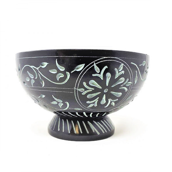 Floral Hand Carved Black Soap Stone Bowl 5" X 3"