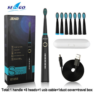 Buy 958-black-8head-box Seago Sonic Electric Toothbrush Tooth Brush USB Rechargeable Adult Waterproof Ultrasonic Automatic 5 Mode With Travel Case