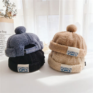 Japanese-Style Pure Color Children's  Label Plush Ball Melon Cap Chinese Landlord Hat Fashion Children's Baby Flannel Warm Hat