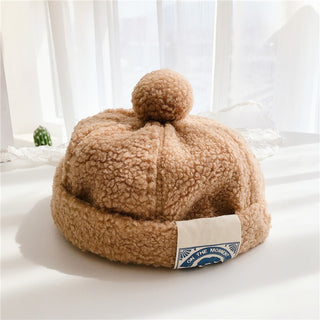 Buy kaki Japanese-Style Pure Color Children&#39;s  Label Plush Ball Melon Cap Chinese Landlord Hat Fashion Children&#39;s Baby Flannel Warm Hat