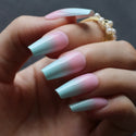 Long Pink Blue Ombre Coffin French Shiny Fake Nails Summer Lovely Salon Glossy Ballet Nails False Nail Medium Art