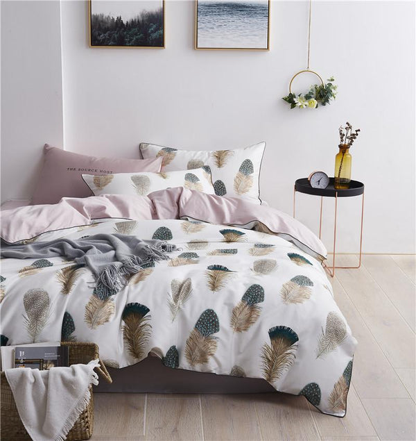 Chinoiserie Style Birds Leaves Printed Egyptian Cotton Soft Duvet Cover Bed Sheet Fitted Sheet Set King Queen Size Bedding Set