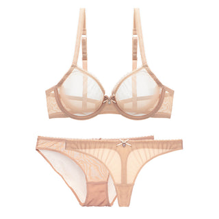 Buy beige Varsbaby Sexy Mesh Lace Underwear Transparent Unlined 1 Bra+2 Panties Bra Set Plus Size 32-42cde