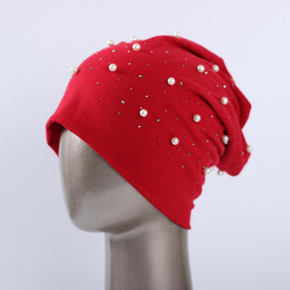 Buy red Geebro Brand Women&#39;s Beanie Hat Casual Polyester Shine Pearls&amp;Rhinestones Beanies for Women Skull Beanie Hats Bonnet for Female